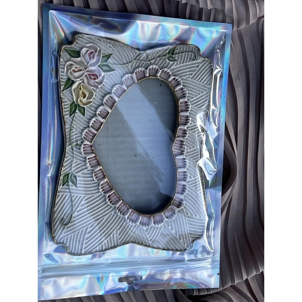 Vintage Hand Painted Ceramic Rose Picture Frame Cottage Shabby Chic